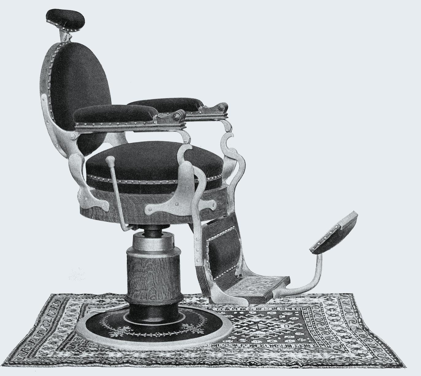 Catalogue drawing of an ornate hydraulic barber chair with a footrest, standing on a patterned rug