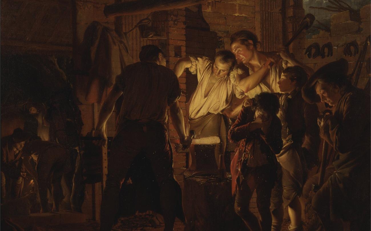 Painting of smiths in shirtsleeves gathered round an anvil, their faces lit by a white-hot bar of iron