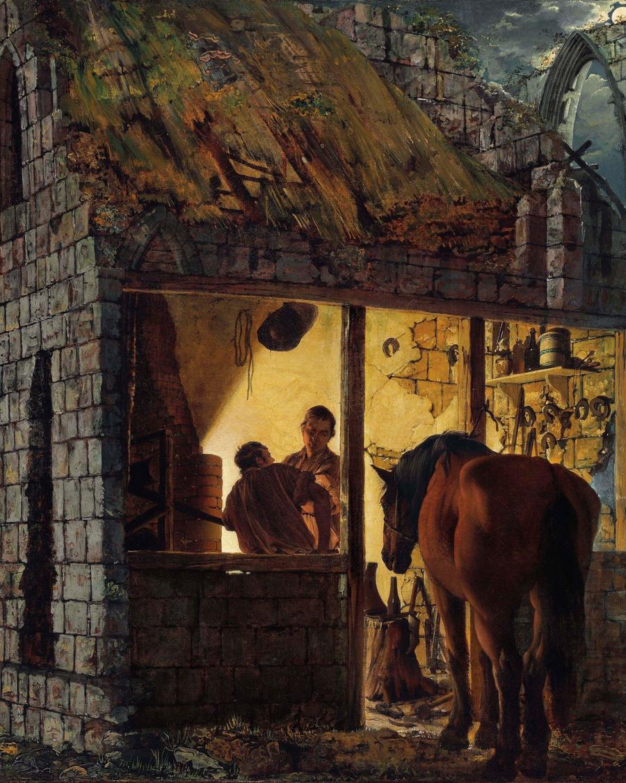 Painting of a stone smithy at night: two smiths at a glowing hearth inside, a brown horse waiting at the open door