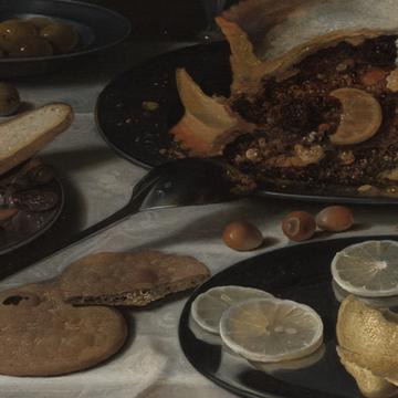Detail of a painted still life: a cut meat pie, sliced lemon and bread on pewter plates